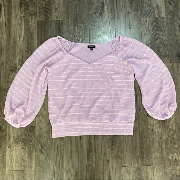 Le Chateau chiffon blouse smocked waist puff sleeve lined soft lilac textured LG - Picture 10 of 11